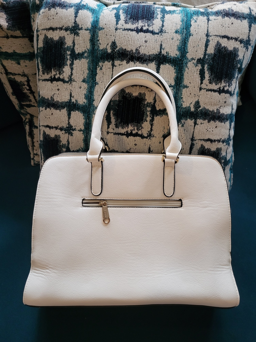 Structured White Top-Handle Tote Handbag with Front Zip Pocket